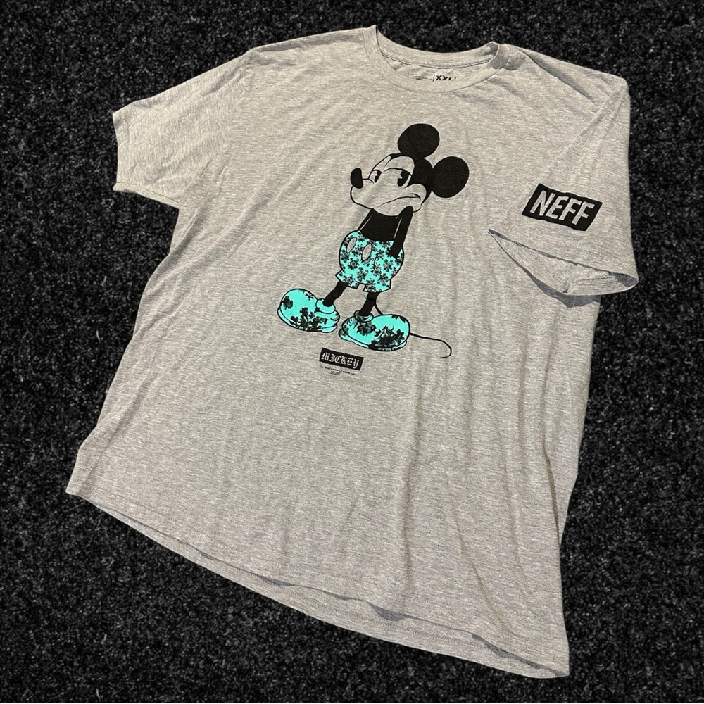 Neff Mickey Mouse Tee with Aqua Floral Accents and Sleeve Printing